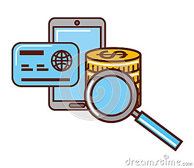 Business money smartphone credit card magnifying glass Vector Illustration