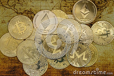 Business , Money, Technology and cryptocurrency Concept. Top view of pile of gold Bitcoin, Monero XMR and Ethereum coins on Editorial Stock Photo