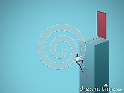 Business motivation and ambition vector concept. Businesswoman climbing up to door. Symbol of success, determination and Vector Illustration