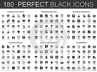 Business motivation, analysis, business essentials, business project, startup development, e-commerce black classic icon Vector Illustration