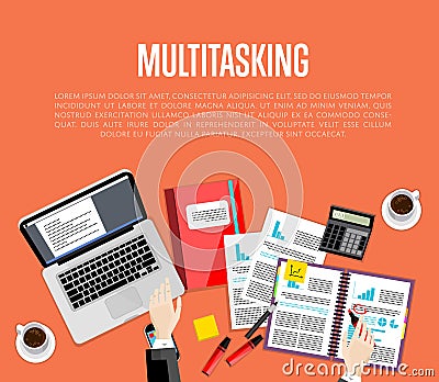 Business multitasking concept. Top view workspace Stock Photo