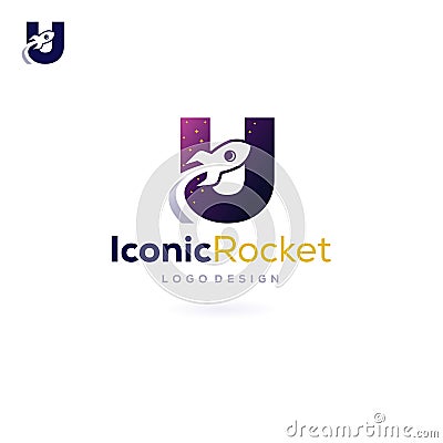 Letter U Rocket Logo Spacecraft launch into space Vector Illustration