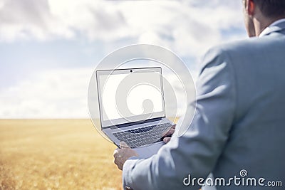 Business in nature out of office blank laptop screen in wheat field Stock Photo