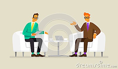 Business negotiation. Men sit in armchairs and discuss work and cooperation. Vector illustration Cartoon Illustration