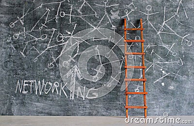 Business network concept with scribble on blackboard and ladder. Innovation,idea,success,human resouces, networking concept Stock Photo