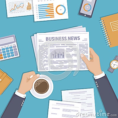 Business news. Businessman holding a newspaper and coffee cup on the desktop. Vector Illustration