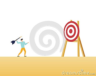 Business objective and strategy vector concept. Businesswoman throwing dart at target. Symbol of business goals, aims, mission, Cartoon Illustration