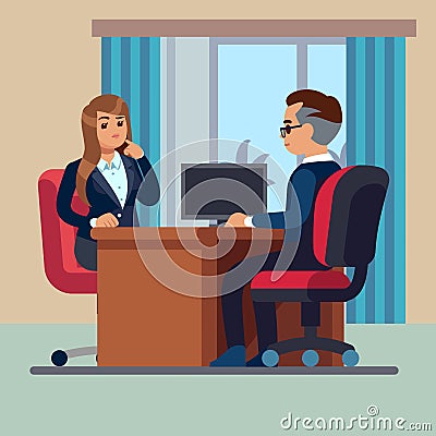 Business office conversation. Sitting businessman consultant and woman meet to interview talking work vector concept Vector Illustration