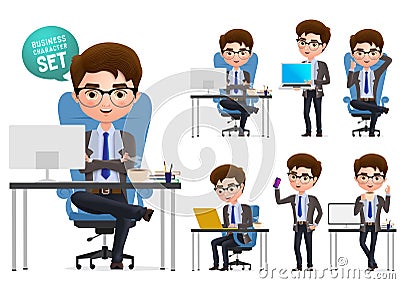 Business office desk vector character set. Business man character sitting and working in office desk. Vector Illustration