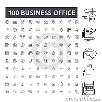 Business office editable line icons, 100 vector set, collection. Business office black outline illustrations, signs Vector Illustration