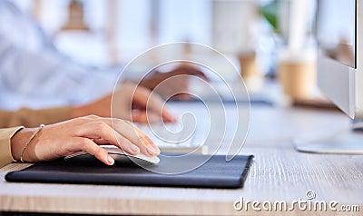 Business, office and hands with mouse on desk working on research project, typing email and click online. Productivity Stock Photo