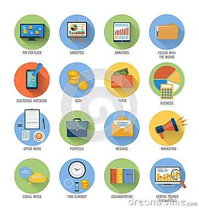 Business, office and marketing items icons. Vector Illustration