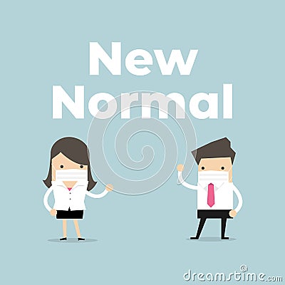 Business office people wearing a face mask prevention and maintain social distancing. New normal working lifestyle concept. Vector Illustration