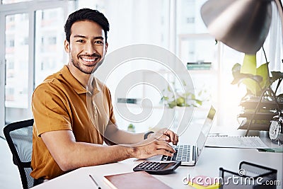 Business office portrait, laptop or happy man typing accounting report, financial portfolio or budget assessment Stock Photo