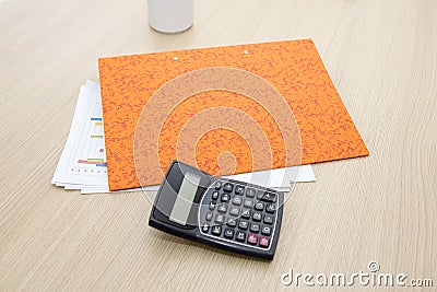 Business and office supplies with modern digital tablet. Contemporary Office Table with Equipment. Stock Photo