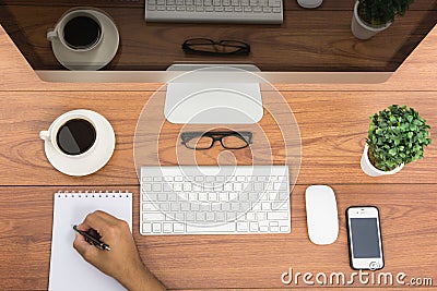 Business office top view computer monitor Editorial Stock Photo