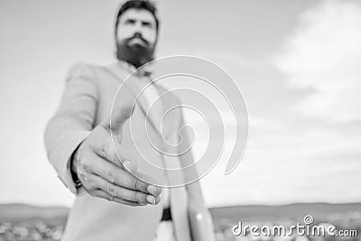 Business opportunity networking. Join my business. Come on. Business connections. Hand of businessman offer hand for Stock Photo