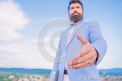 Business opportunity networking. Join my business. Come on. Business connections. Hand of businessman offer hand for Stock Photo