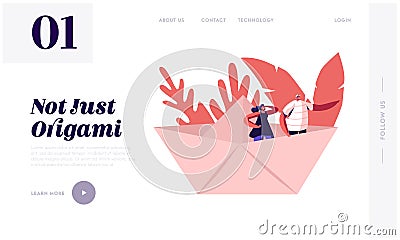 Business or Origami Hobby Concept Website Landing Page. Young Happy Couple Stand in Paper Ship Vector Illustration