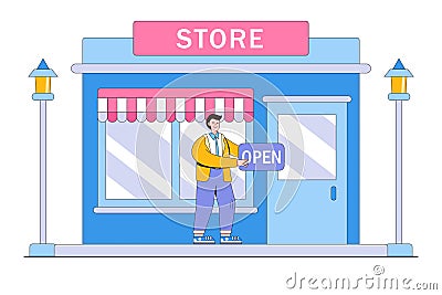 Business owner and entrepreneur start retail shop, build storefront, or open an online shop concepts. Confidence businessman holds Vector Illustration