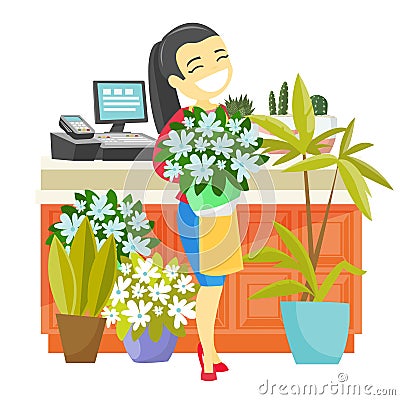 Business owner holding a bouquet in a flower shop. Vector Illustration