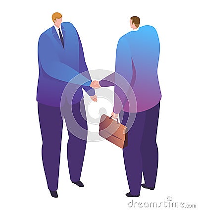 Business partner make deal, businessman character with briefcase discuss company plan isolated on white, isometric Vector Illustration