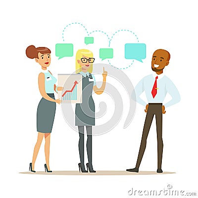 Business partners discussing financial results at meeting. Colorful cartoon character Vector Illustration