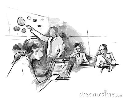 Business partners discussing ideas at meeting in office while opening laptop sketch hand drawing water color Cartoon Illustration
