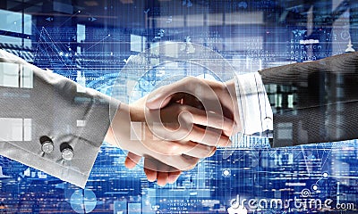 Business partners greeting each other. Mixed media Stock Photo