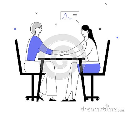 Business Partners Women Handshaking Sitting at Table Face to Face. Partnership Concept of Businesspeople Meeting Vector Illustration