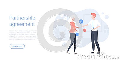 Business partnership concept in flat vector illustration. Corporate agreement or deal with businessman and businesswoman handshake Vector Illustration