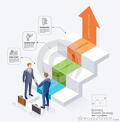 Businessman handshake together In front of the stairs with arrow infographics diagram Vector Illustration