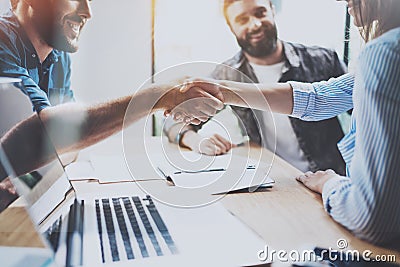 Business partnership handshake concept.Photo coworkers handshaking process.Successful deal after great meeting Stock Photo