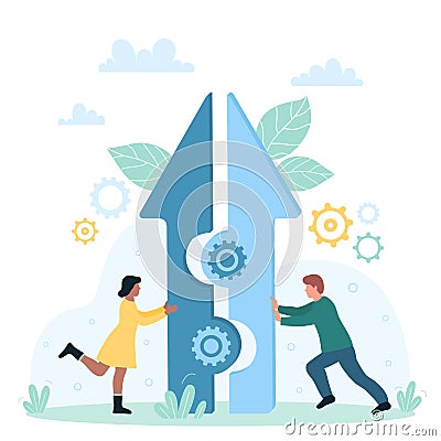 Business partnership, merger and connection of teams, tiny people connect arrow puzzle Vector Illustration