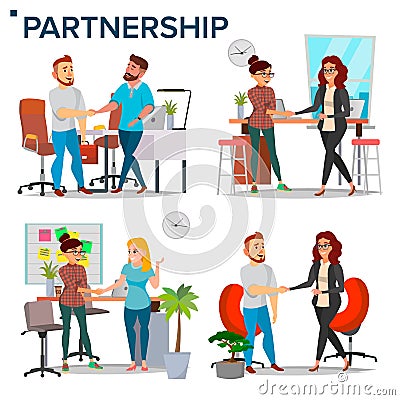 Business Partnership Set Vector. Business Man And Business Woman. Casual Handshaking. Business Connection. Isolated Flat Vector Illustration