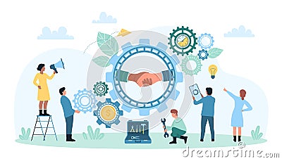 Business partnership, teamwork meeting and agreement, handshake of partners inside gears Cartoon Illustration