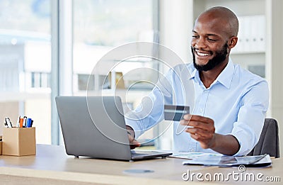 Business, payment and black man with a credit card, laptop and connection with accounting. Male person, customer and Stock Photo