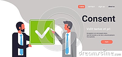 Business people agreement green consent form mix race man communication concept flat horizontal portrait copy space Vector Illustration