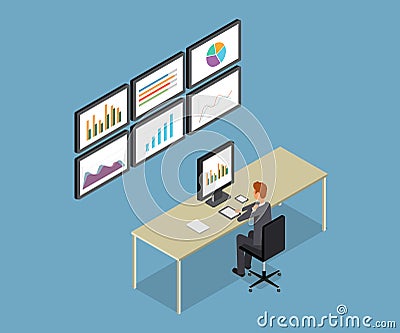 Business people analytic on monitor graph report and SEO on web.flat vector .workplace.office.business man .finance and investment Vector Illustration