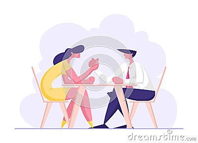 Business People Armwrestling. Man and Woman Fighting on Hands Sitting at Table. Business Competition, Challenge Vector Illustration