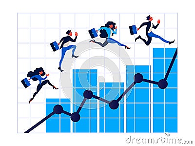 Business people on arrow staircase, Businessman walks on graphs to success. Vector Illustration