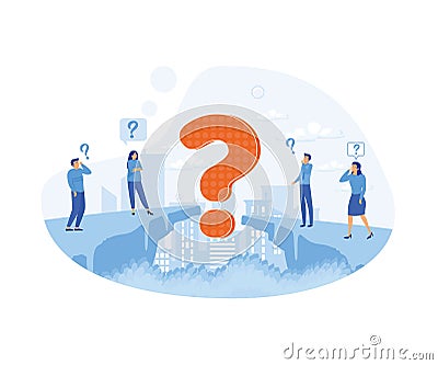 Business people asking questions around a huge question mark. Vector Illustration