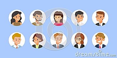 Business people avatar collection. Young adults man and woman faces, Colorful user pic icons in circle shape. Flat design style Vector Illustration