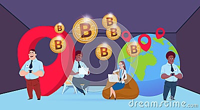 Business people bitcoin mining globe with geolocation mix race businessman working together crypto currency flat Vector Illustration