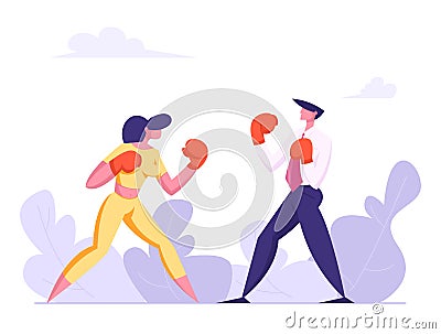 Business People Boxing. Man and Woman Fighting in Boxing Gloves. Business Competition, Challenge, Leadership Vector Illustration