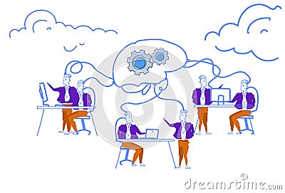 Business people brainstorming network process creative brain gearwheel mechanism men generating successful project Vector Illustration