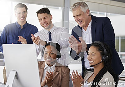 Business people, call center and applause in office with teamwork, celebration and diversity. Men, woman and crm team Stock Photo