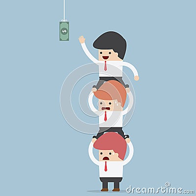 Business people carrying each other to reach hanging money Vector Illustration