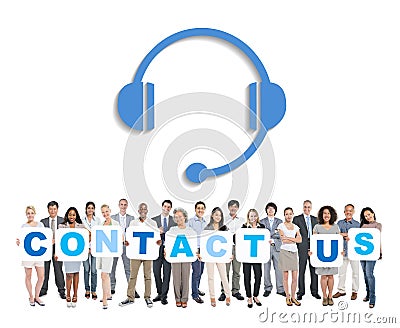 Business People And Casual People Holding 9 Placards That Form Contact Us. Stock Photo