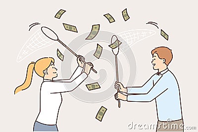 Business people catching money falling from sky using net for easy earning or casual income concept Vector Illustration